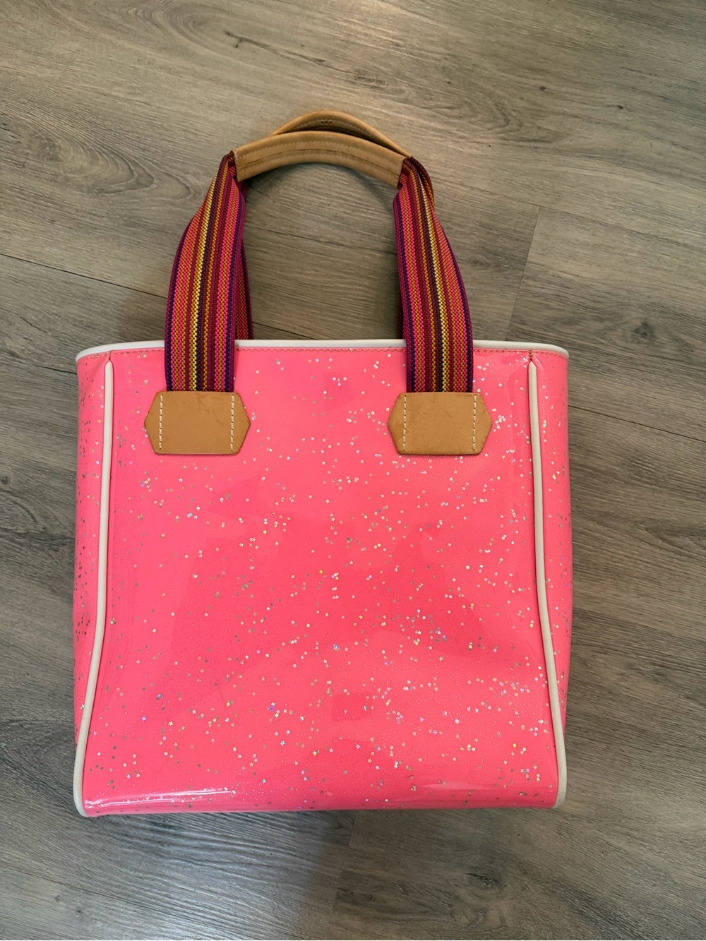 Consuela Hot Pink Glitter Tote with Multicolor Striped Handles